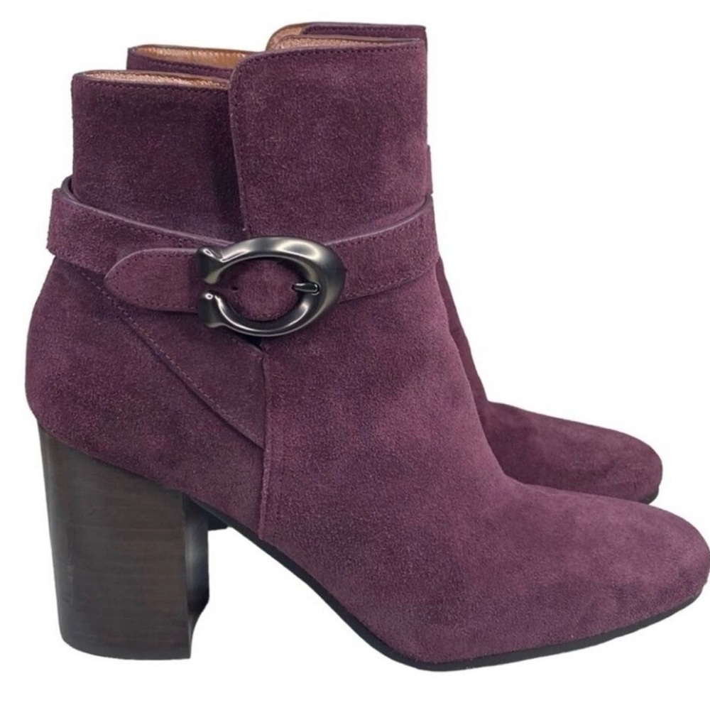 Coach Suede Ankle Boots in Plum with Buckle